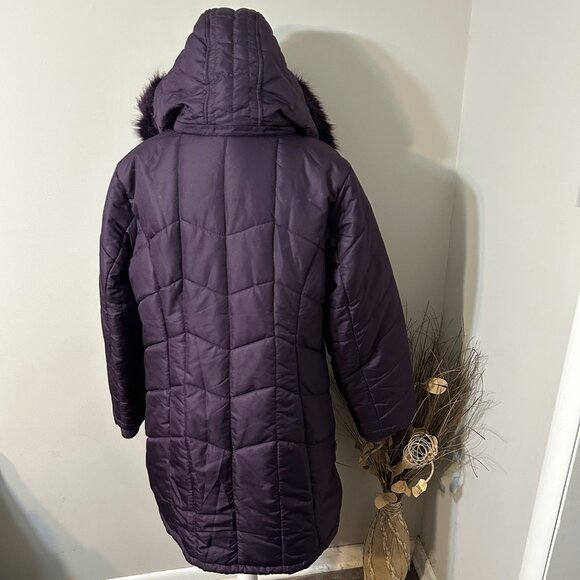 Catherines Women Puffer Jacket Purple Chevron Coat Zip Up Hooded Faux Fur Sz 0X - Picture 2 of 13